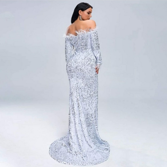 Miss ord Off Shoulder Backless Long Sleeve Floor Length Feather Sequin. - Picture 3 of 4